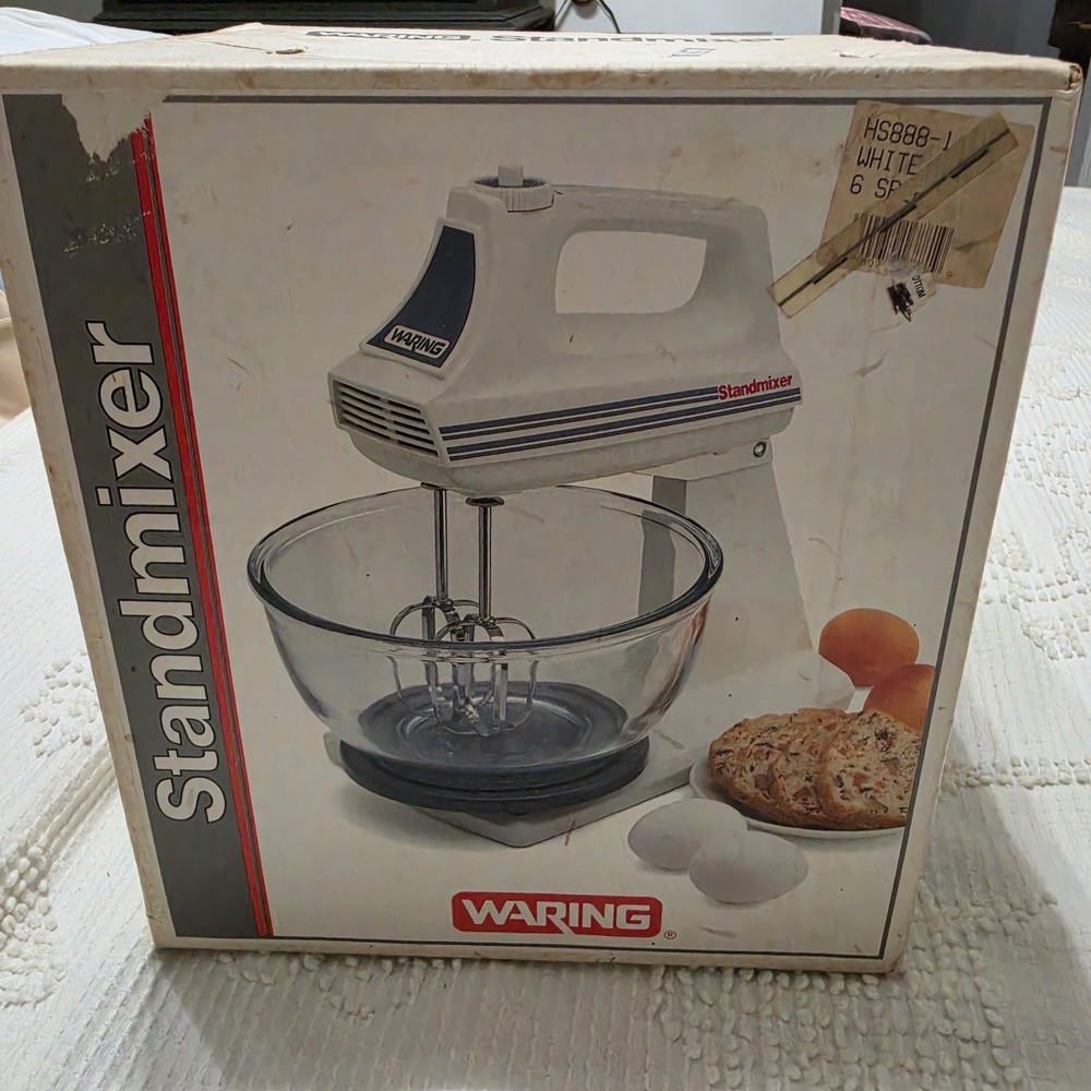 Vintage Waring Stand/Hand Mixer HS888-1 6-Speed w/ Glass Bowl & Stand NEW
